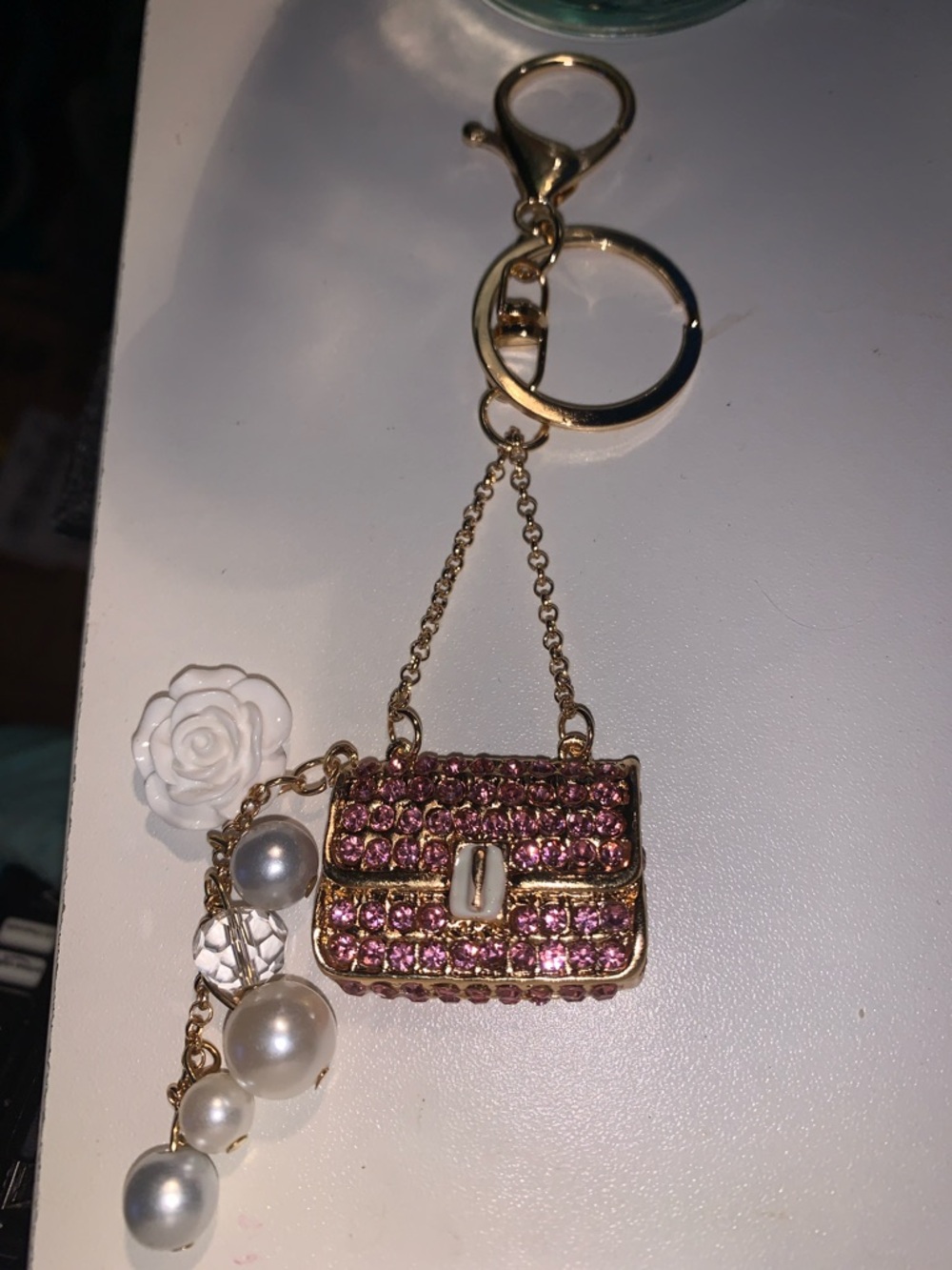 Pink Crystal Purse/bag charm Keychain with White Flower & Pearls